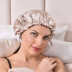 THXSILK Seide Schlafmütze mit Hyaluronic Acid Atmungsaktive Seiden Nachtmütze Elastisch Schlafhaube Hut Nacht Schlaf Kopfbedeckung für Haarpflege (Champagner & Grau, M (für kurzes/mittleres Haar)) von THXSILK