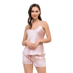 THXSILK Seidenpyjama für Damen Zweiteiliger, Shorts-Set aus natürlicher Maulbeerseide mit V-Ausschnitt, Bequeme und lässige Urlaubskleidung (Bezauberndes Rosa, L) von THXSILK