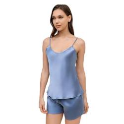 THXSILK Seidenpyjama für Damen Zweiteiliger, Shorts-Set aus natürlicher Maulbeerseide mit V-Ausschnitt, Bequeme und lässige Urlaubskleidung (Nebeliges Blau, L) von THXSILK