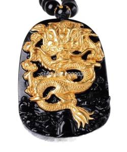 TIANHEY Gold Natürlicher Schwarzer Obsidian Schnitzerei Drache Glück Amulett Anhänger Für Frauen Männer Anhänger Modeschmuck von TIANHEY