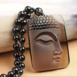 TIANHEY Schwarzer Obsidian-Anhänger aus Naturstein, ethnischer Stil, geschnitzte Seite, Buddha-Kopf, Kristall-Anhänger, Halskette, Schmuck für Damen und Herren von TIANHEY