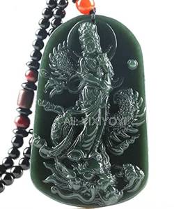 TIANHEY Wunderschöner, aus natürlicher grüner Jade geschnitzter chinesischer Drache-Guanyin-Amulett-Glücksanhänger von TIANHEY