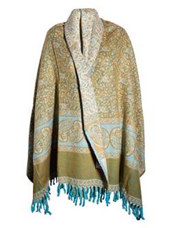 TIBET Schal mit Blumenmuster, handgefertigt, Übergröße, wendbar, für den Winter, weicher und warmer Schal, reine Yakwolle, Limettengrün, grün, One size von TIBET
