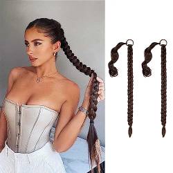 2 Stück Braid Extensions Ponytail Extension, Zopf Extension mit Haargummi, Haarteil Zopf zum Einflechten Lang Ponytail, Kunsthaar für Frauen, Geflochtener Zopf Haarteil (Braun schwarz) von TICHEROMU