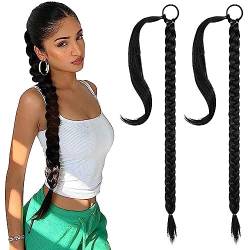 2 Stück Braid Extensions Ponytail Extension, Zopf Extension mit Haargummi, Haarteil Zopf zum Einflechten Lang Ponytail, Kunsthaar für Frauen, Geflochtener Zopf Haarteil (Schwarz) von TICHEROMU