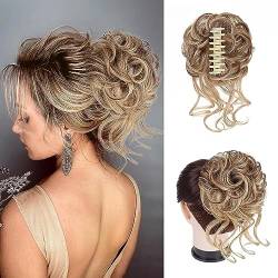 Haarteil Mit Gummiband, Elastisches gewelltes lockiges Haarteil Gewellt Natürlich Kunsthaar Haargummi Damen Mit Haaren Hochsteckfrisuren Haarverlängerung, Messy Bun Haarteile (Hellbraun + Gold) von TICHEROMU