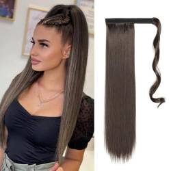 Ponytail Extensions Echthaar Zopf, Glatt Ponytail Extensions Zopf Extension Echthaar Haarverlängerung Zopf 55 cm Kunsthaar Zopf Glattes Ponytail Echthaar extensions für Frauen-Hellbraun (Dunkelbraun) von TICHEROMU