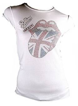 Amplified Damen T-Shirt Weiss Official The Rolling Stones Union Jack UK England Zunge Strass Rock Star Vintage VIP Satisfaction L 42 von TICILA