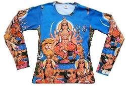 TICILA Damen Langarm T-Shirt Blau Hindu Deity Göttin Durga MATA mit Löwe Lion Psychodelic Goa Trance Dj Beach Party Kunst Art Religion Star Designer Vintage Tattoo Design L 42 von TICILA