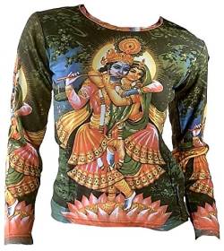 TICILA Damen Langarm T-Shirt Grün Hindu Deities Lord Krishna und Radha Bhakti mit Flöte Psychodelic Goa Trance Dj Beach Party Kunst Art Religion Star Designer Vintage Tattoo Design L 42 von TICILA