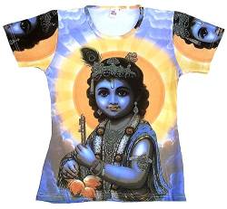 TICILA Damen T-Shirt Blau Hindu Gott Lord Krishna Wiedergeburt Avatar Psychodelic Goa Trance Dj Beach Party Kunst Art Religion Star Designer Vintage Tattoo Design S 34/36 von TICILA