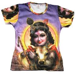 TICILA Damen T-Shirt Lila Hindu Gott Lord Krishna mit Kuh Wiedergeburt Avatar Psychodelic Goa Trance Dj Beach Party Kunst Art Religion Star Designer Vintage Tattoo Design S 34/36 von TICILA