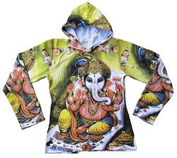 Ticila Damen Langarm Kaputzen T-Shirt Hoodie Hoody Grün Popular Hindu Deity God Lord GANESH GANESHA Psychodelic Goa Trance Dj Beach Party Kunst Art Religion Star Designer Vintage Tattoo Design M 38/40 von TICILA