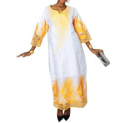 TIDOIRSA Afrikanische Kleider für Damen, Spitzenärmel, Bazin Boubou Maxikleid Abendkleid mit Schal, Weiß/Gelb, Mittel von TIDOIRSA