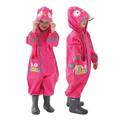 Regenmäntel Jungen Mädchen Regenanzug Regenjacke mit Kapuze Poncho Wasserdichte Kinder Einteiliger 1-8 JahreOverall Regenbekleidung Tragbar mit transparenter Hutkrempe（Rosenrote Eule） von TIECHUI