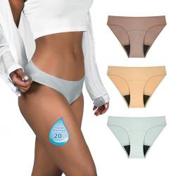 TIICHOO Periodenunterschwäsche Damen Seamless Glatt Mäßige Saugfähigkeit Weiche Mädchen Perioden Bikini 3er Pack (L, Kaffee/Beige/Rauchgrün) von TIICHOO