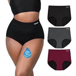 TIICHOO Periodenunterschwäsche Starke Blutung Hohe Taille Periodenslip Weiche Unterhosen Damen 3er Pack (46, Schwarz/Grau/Burgund) von TIICHOO