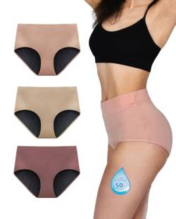 TIICHOO Periodenunterschwäsche Starke Blutung Hohe Taille Schwangerschaft Unterhosen Damen 3er Pack (42, Braun/Roségold/Beige) von TIICHOO