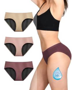 TIICHOO Periodenunterschwäsche Starke Blutung für Menstruation Wochenbett Schwangerschaft Unterhosen Damen 3er Pack (S, Braun/Roségold/Beige) von TIICHOO