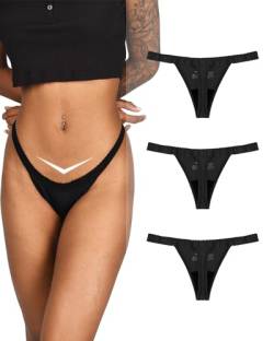 TIICHOO Periodenunterschwäsche Thong Damen Spitze Weiche V-Taille String Tanga Menstruation Unterhose 3er Pack(S, 3 Schwarz) von TIICHOO