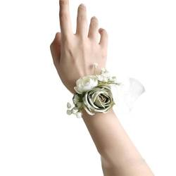 TILEZE Ansteckblume im koreanischen Stil, für Braut, Hochzeit, Handblumen, Brautjungfer, grünes Band, Armband, Dekor-Zubehör, Damen, Geschenk, 2 Stück von TILEZE