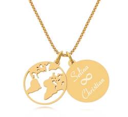 TIMANDO Damen Weltkarten Kette mit Gravur Namenskette Personalisierte Halskette Kettenanhänger Weltkugel Globus Anhänger Geschenk goldfarben von TIMANDO