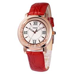 TIME100 Damen-Armbanduhr, Diamant-Kristall, Lederarmband, Damen-Armbanduhr, Quarz, analog, japanisches Uhrwerk, Rot/Ausflug, einfarbig (Getaway Solids) von TIME100