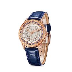 TIME100 Damenuhr Elegant Modisch mit Kristallen Edelstahl Stilvoll Goldenes Gehäuse Edel mit Blauem Zifferblatt und Römischen Ziffern Wasserdicht (Edelblau) von TIME100