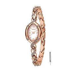 TIME100 Damenuhr Elegant Oval Gehäuse Minimalistisch Ellipse Zifferblatt Diamant Armband Mini Wasserdicht (Rosegold) von TIME100