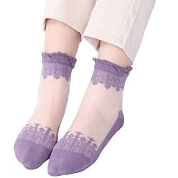 Damen Socken mit Rüschen Spitzen Transparente Schöne Spitze Socken Kurze Feinstrümpfe Söckchen Atmungsaktiv Einfarbig Spitzensocken Sommer Socks Elastische Söckchen Mode Lace (Purple, One Size) von TIMIYUYU