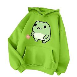 Kawaii Frosch Hoodie für Damen Teenager Mädchen Langarm Lose Fleece Kapuzenpullover Hooded Pocket Sweatshirt Cartoon Kapuzenpullover Oberteil Sport Streetwear Sweatshirts Herbst Winter (Green, S) von TIMIYUYU