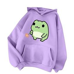 Kawaii Frosch Hoodie für Damen Teenager Mädchen Langarm Lose Fleece Kapuzenpullover Hooded Pocket Sweatshirt Cartoon Kapuzenpullover Oberteil Sport Streetwear Sweatshirts Herbst Winter (Purple, L) von TIMIYUYU