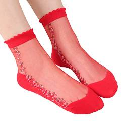 Sommer Damen Söckchen Atmungsaktiv Nylonsöckchen Feinstrümpfe Ultradünne Schöne Spitze Socken Transparente Söckchen Mode Freizeitsocken Lace Strumpf Sommer Socks Spitzensocken (Red, One Size) von TIMIYUYU