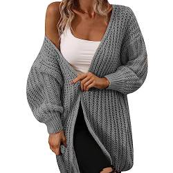 Strickjacke Damen Langarm Grobstrickjacke Cardigan Warme Strickjacke Gestrickte Cardigan Grobstrick Open Front Sweater Longstrickjacke Wintermäntel Strickjacke Lang Strickmantel Coat Herbst (Grey, S) von TIMIYUYU