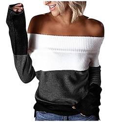 TIMIYUYU Damen Sexy Off Shoulder Pullover Gestreift Schulterfrei Strickpullover Strickpulli Mode Elegant Strick Oberteile Sweatshirt Langarm Sweater Outwear Tops für Frauen (Grau, L) von TIMIYUYU