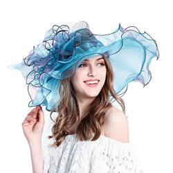 TIMIYUYU Elegante Sonnenhüte Organzablumen Hut Damen Sommerhut Frauenorganza Hut Damenhut Strandsonnenschutz Wide Brim Sommer Strand Hut Organzahut Fascinator Hut für Strand Kirche (Z3-Blue, One Size) von TIMIYUYU