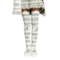 Weihnachten Kniestrümpfe Overknee Strümpfe Winter Socken Weihnachtssocken Elastisch Kniestrümpfe Wintersocken Damensocken Weihnachtenstrümpfe Thermo Weihnachten Legwarmers Strick (g-White, One Size) von TIMIYUYU