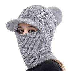 Damen gestrickte Pullovermütze Winter Schal Frauen einteilige warme Kappe warmer Gehörschutz plus Fleecehut mit Haarkugel Verstellbare Maske Sanft Strickmütze Halswärmer-Sets für Outdoor-Sportarten von TINAYAUE