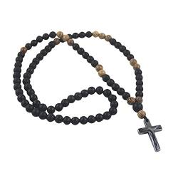 Katholische Holzperlenkette Mattschwarze Onyx-Kreuzkette Schlank Anhänger Halskette mit Flanell Tasche Kreuz von Jesus Halskette Lange Pulloverkette Kleidung Accessoires für katholische, christliche von TINAYAUE