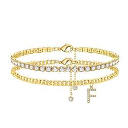 Fussketten für Frauen, Fußkettchen für Damen Fußkette mit F Buchstaben Damen Gold Cz Tennis Schmuck Doppel Fussketten Set Verstellbare Stabil Sommer Stand Beach Fußkette Geschenke für Frauen Mädchen von TINGN