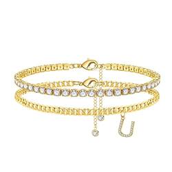 Fussketten für Frauen, Fußkettchen für Damen Fußkette mit U Buchstaben Damen Gold Cz Tennis Schmuck Doppel Fussketten Set Verstellbare Stabil Sommer Stand Beach Fußkette Geschenke für Frauen Mädchen von TINGN