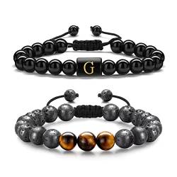 TINGN 2 Stück 8MM Beads Armbänder für Herren, Schmuck Natürliches Tigerauge Schwarze Lavastein Perlenarmbänder Stressabbau Perlen Verstellbare Anfangsarmband Perlen Buchstaben Obsdian Armbänder (G) von TINGN