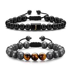 TINGN 2 Stück Herren Armbänder Tigerauge, 8 mm Naturstein Herren Initial Obsidian Armband Tigerauge Lavagestein Perlenarmbänder für Damen Herren Yoga Armbänder Geburtstagsgeschenke für Herren (J) von TINGN