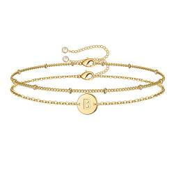 TINGN Armband Damen Gold, Gold Armbänder mit Buchstaben B Armskette Set Zweilagige Armband mit Gravur Namensarmband Personalisierte Geschenke Verstellbare Buchstaben Armband Gold Damen Frauen Mädchen von TINGN