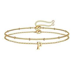 TINGN Armband Damen Mädchen, 14k Vergoldet Buchstaben P Armband Set Gold Personalisiert Schmuck Armkette Damen Geburtstagsgeschenk Muttertagsgeschenk Jahrestagsgeschenk für Frauen Mädchen von TINGN