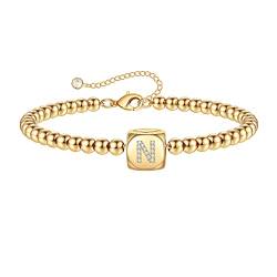 TINGN Damen Armband mit Buchstaben Gold Würfel Armband für Mädchen, 14 Karat Gold Gefüllt Handgefertigte Perlen Armbänder Verstellbarer Initialen Armband für Frauen Mädchen Schmuck Geschenke (N) von TINGN