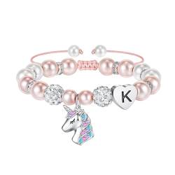 TINGN Einhorn Geschenke für Mädchen – Rosa Perlen und Strass Kugeln Einhorn Armbänder für Mädchen Schmuck Buchstabe Herz Einhorn Perlen Armband Geburtstag Weihnachten Geschenke für Mädchen (K) von TINGN