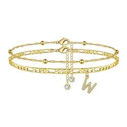 TINGN Fussketten für frauen, Gold Fußkettchen für Damen Fußkette Gold mit CZ Buchstaben W Doppelte Fußkette Verstellbar Geschenk für Sommer Tochter Freund Schwester Geschenk von TINGN