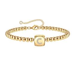 TINGN Gold Armbänder Buchstaben Armband Damen, 14K Gold Gefüllte Armband Perlen Anfangsarmband Gold Würfel Initialen Armband für Frauen Mädchen Schmuck Geschenke für Mädchen Freundin Frauen Mama (C) von TINGN