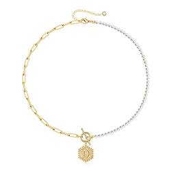 TINGN Halskette Damen Gold Perlen Kette, Hypoallergene Halskette 14 Karat Vergoldet Initialen D Hexagon Anhänger Kette mit Perlen Damen Frauen Kette Gold Damen Layered Choker Geschenke für Frauen von TINGN